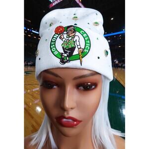Boston Celtics White Beanie design with logo and‎ green rhinestones
